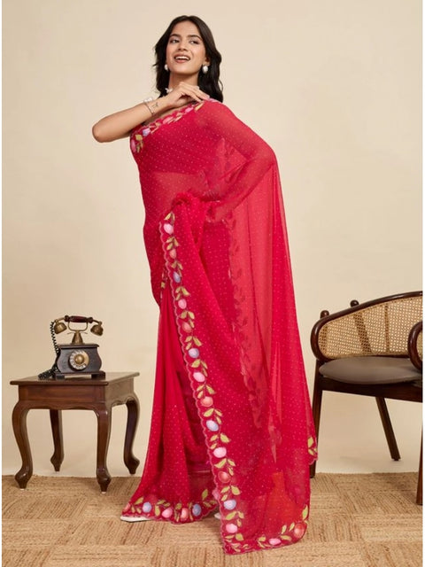 Women's Georgette Printed Saree With Unstitched Blouse 5.5Mtr (Red)