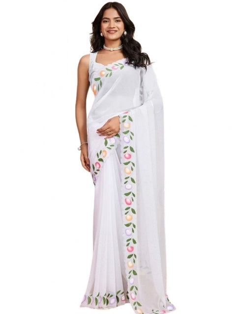 Women's Georgette Printed Saree With Unstitched Blouse 5.5Mtr (White)