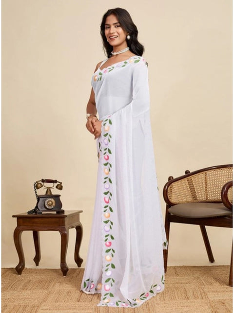 Women's Georgette Printed Saree With Unstitched Blouse 5.5Mtr (White)