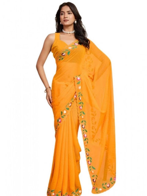 Women's Georgette Printed Saree With Unstitched Blouse 5.5Mtr (Yellow)