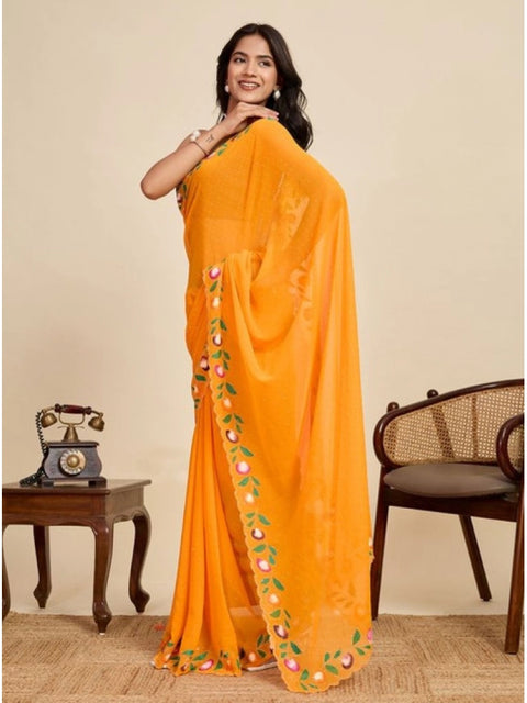 Women's Georgette Printed Saree With Unstitched Blouse 5.5Mtr (Yellow)
