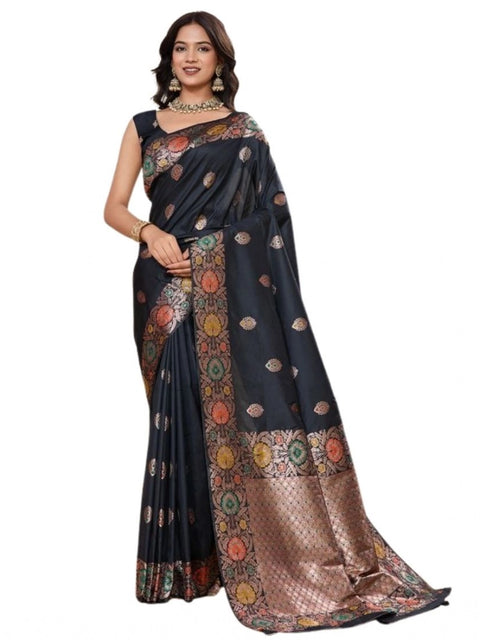 Women's Faux_Banarasi_Silk Woven Saree With Unstitched Blouse 5.5Mtr (Black)