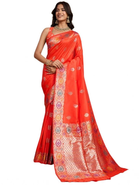 Women's Faux_Banarasi_Silk Woven Saree With Unstitched Blouse 5.5Mtr (Coral)