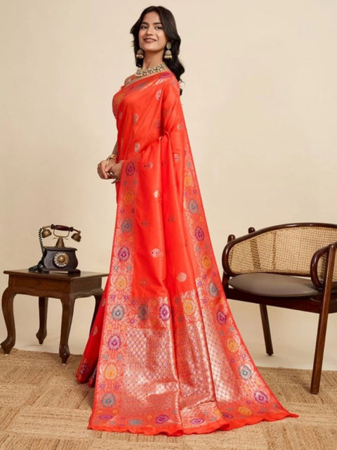 Women's Faux_Banarasi_Silk Woven Saree With Unstitched Blouse 5.5Mtr (Coral)