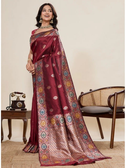 Women's Faux_Banarasi_Silk Woven Saree With Unstitched Blouse 5.5Mtr (Maroon)