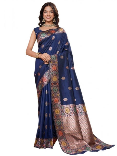 Women's Faux_Banarasi_Silk Woven Saree With Unstitched Blouse 5.5Mtr (Navy_Blue)