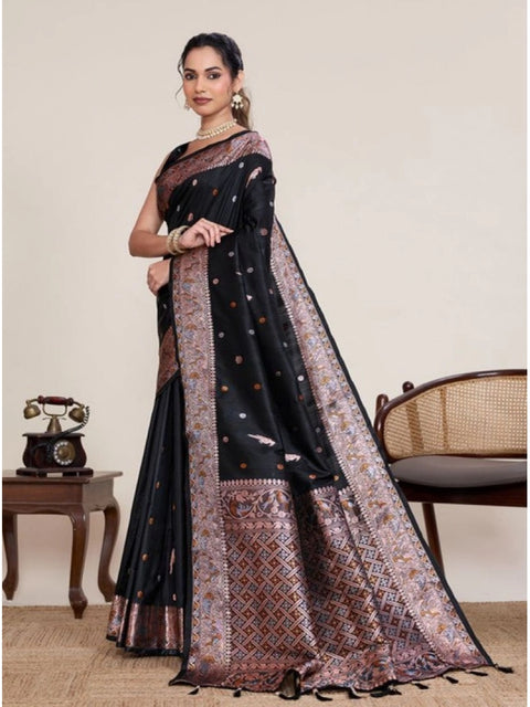 Women's Jacquard Woven Saree With Unstitched Blouse 5.5Mtr (Black)