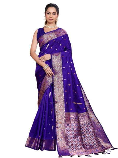 Women's Jacquard Woven Saree With Unstitched Blouse 5.5Mtr (Blue)