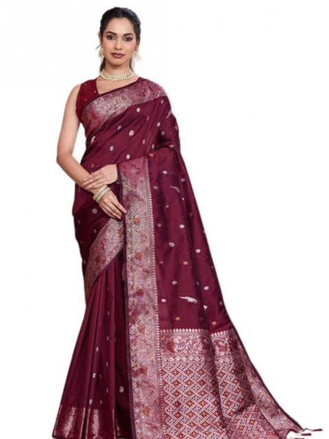 Women's Jacquard Woven Saree With Unstitched Blouse 5.5Mtr (Maroon)