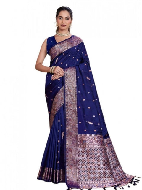 Women's Jacquard Woven Saree With Unstitched Blouse 5.5Mtr (Navy)