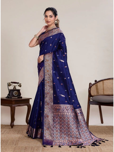 Women's Jacquard Woven Saree With Unstitched Blouse 5.5Mtr (Navy)