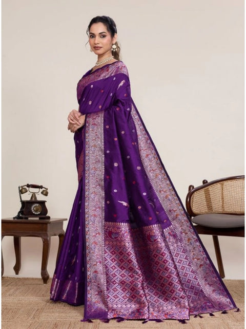 Women's Jacquard Woven Saree With Unstitched Blouse 5.5Mtr (Purple)