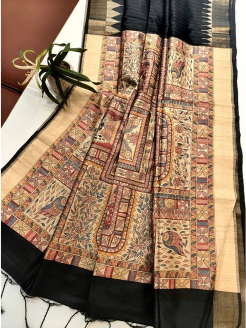 Generic Women's Tussar Silk Madhubani Saree With Unstitched Blouse 5.5Mtr (Black)