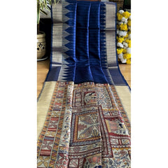 Generic Women's Tussar Silk Madhubani Saree With Unstitched Blouse 5.5Mtr (Blue)