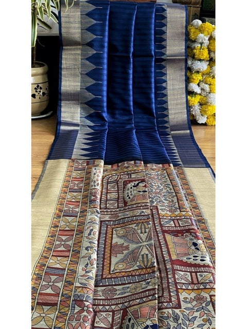 Generic Women's Tussar Silk Madhubani Saree With Unstitched Blouse 5.5Mtr (Blue)