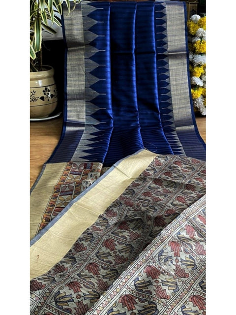 Generic Women's Tussar Silk Madhubani Saree With Unstitched Blouse 5.5Mtr (Blue)