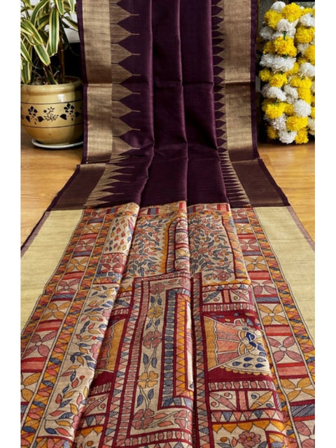 Generic Women's Tussar Silk Madhubani Saree With Unstitched Blouse 5.5Mtr (Coffee)