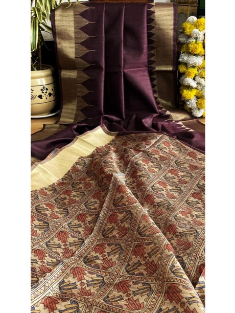 Generic Women's Tussar Silk Madhubani Saree With Unstitched Blouse 5.5Mtr (Coffee)