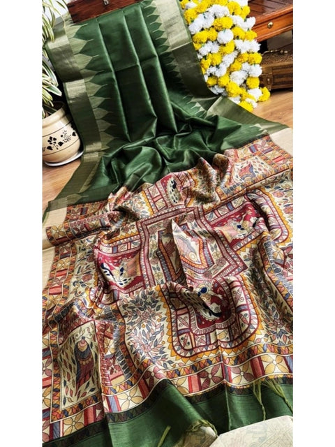 Generic Women's Tussar Silk Madhubani Saree With Unstitched Blouse 5.5Mtr (Green)