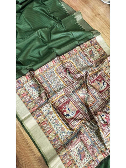 Generic Women's Tussar Silk Madhubani Saree With Unstitched Blouse 5.5Mtr (Green)