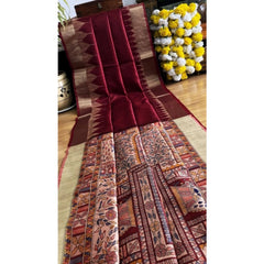 Generic Women's Tussar Silk Madhubani Saree With Unstitched Blouse 5.5Mtr (Maroon)
