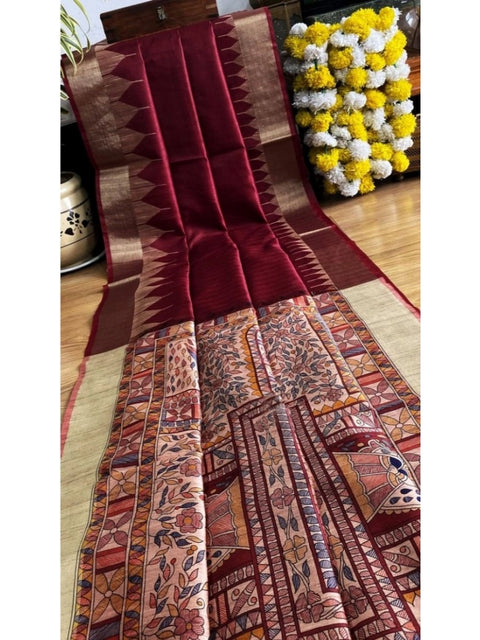 Generic Women's Tussar Silk Madhubani Saree With Unstitched Blouse 5.5Mtr (Maroon)