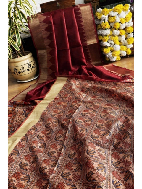 Generic Women's Tussar Silk Madhubani Saree With Unstitched Blouse 5.5Mtr (Maroon)