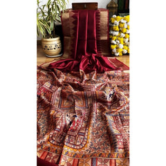 Generic Women's Tussar Silk Madhubani Saree With Unstitched Blouse 5.5Mtr (Maroon)