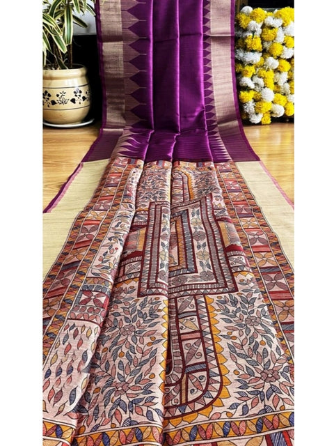 Generic Women's Tussar Silk Madhubani Saree With Unstitched Blouse 5.5Mtr (Purple)