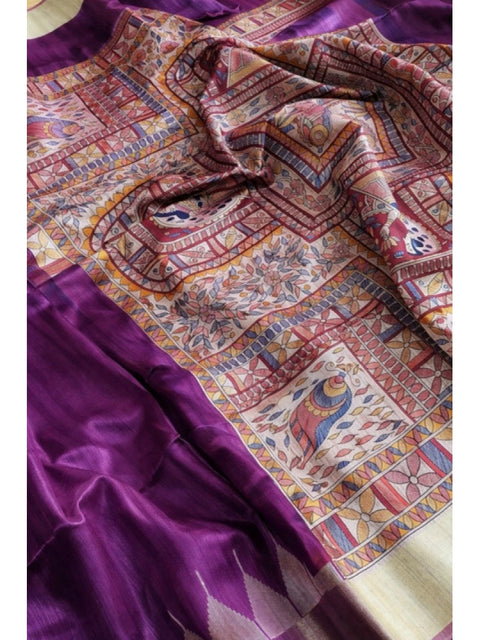 Generic Women's Tussar Silk Madhubani Saree With Unstitched Blouse 5.5Mtr (Purple)