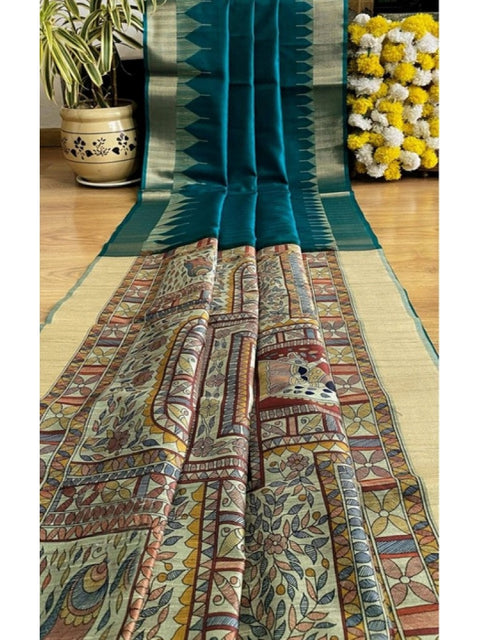 Generic Women's Tussar Silk Madhubani Saree With Unstitched Blouse 5.5Mtr (Rama)
