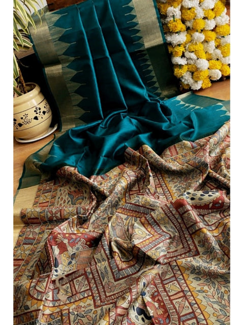 Generic Women's Tussar Silk Madhubani Saree With Unstitched Blouse 5.5Mtr (Rama)