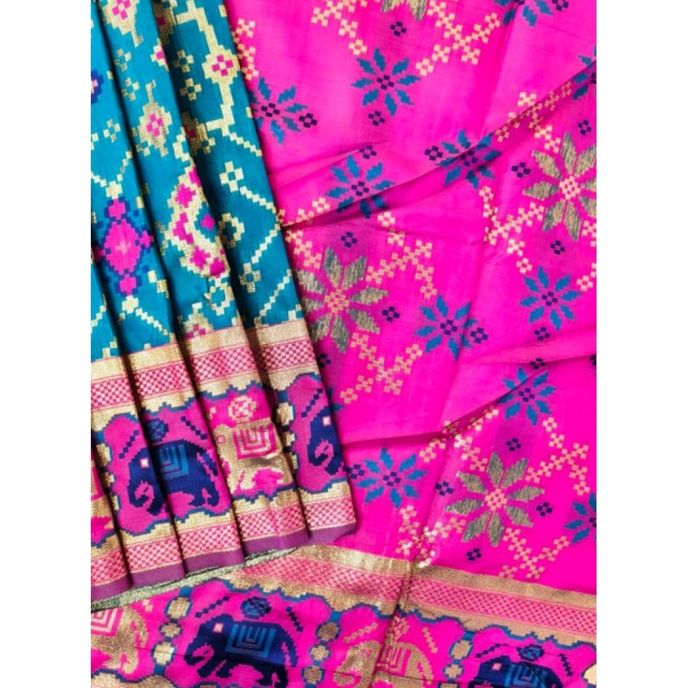 Women's Patola Silk Meena And Zari Woven Saree With Unstitched Blouse 5.5Mtr (Blue)