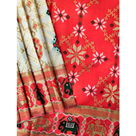 Women's Patola Silk Meena And Zari Woven Saree With Unstitched Blouse 5.5Mtr (White)