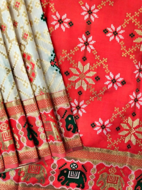 Women's Patola Silk Meena And Zari Woven Saree With Unstitched Blouse 5.5Mtr (White)