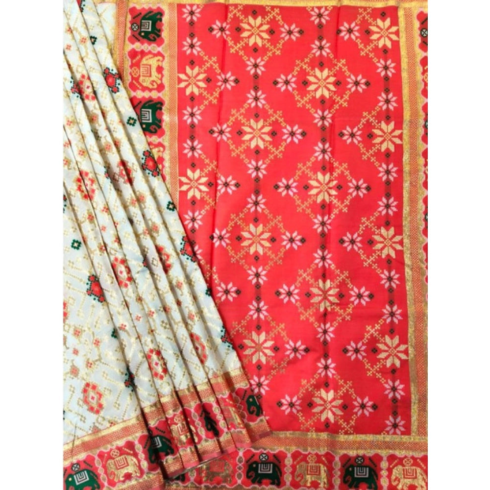 Women's Patola Silk Meena And Zari Woven Saree With Unstitched Blouse 5.5Mtr (White)