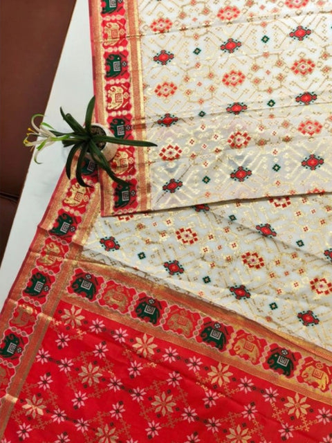 Women's Patola Silk Meena And Zari Woven Saree With Unstitched Blouse 5.5Mtr (White)