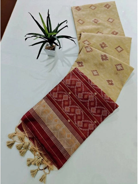 Generic Women's Raw Silk Ikkat Saree With Unstitched Blouse 5.5Mtr (Beige)