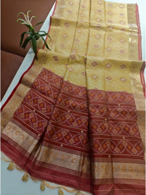 Generic Women's Raw Silk Ikkat Saree With Unstitched Blouse 5.5Mtr (Beige)