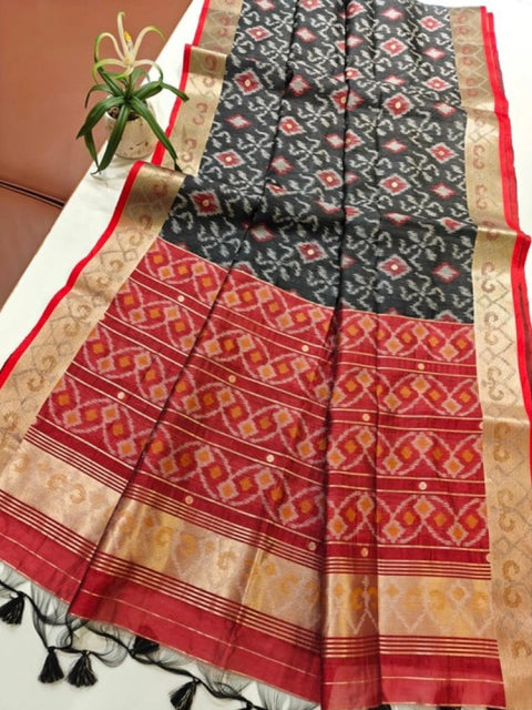 Generic Women's Raw Silk Ikkat Saree With Unstitched Blouse 5.5Mtr (Black)