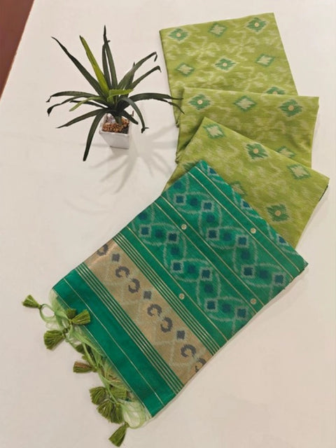 Generic Women's Raw Silk Ikkat Saree With Unstitched Blouse 5.5Mtr (Green)