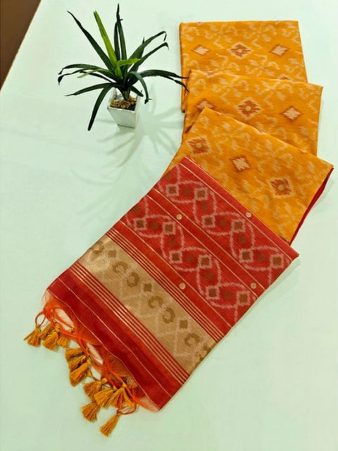 Generic Women's Raw Silk Ikkat Saree With Unstitched Blouse 5.5Mtr (Mustard)