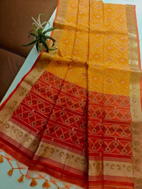 Generic Women's Raw Silk Ikkat Saree With Unstitched Blouse 5.5Mtr (Mustard)