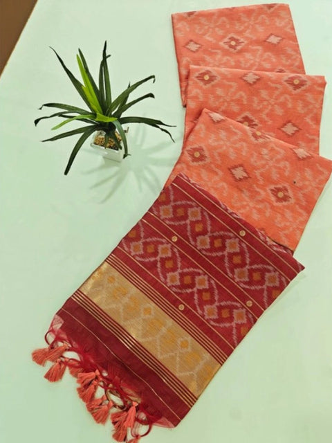 Generic Women's Raw Silk Ikkat Saree With Unstitched Blouse 5.5Mtr (Peach)