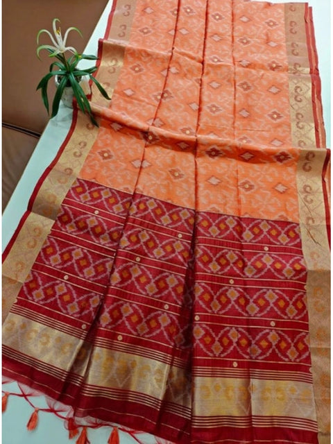 Generic Women's Raw Silk Ikkat Saree With Unstitched Blouse 5.5Mtr (Peach)