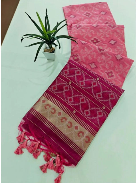 Generic Women's Raw Silk Ikkat Saree With Unstitched Blouse 5.5Mtr (Pink)