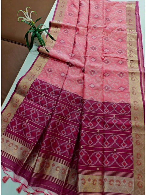 Generic Women's Raw Silk Ikkat Saree With Unstitched Blouse 5.5Mtr (Pink)
