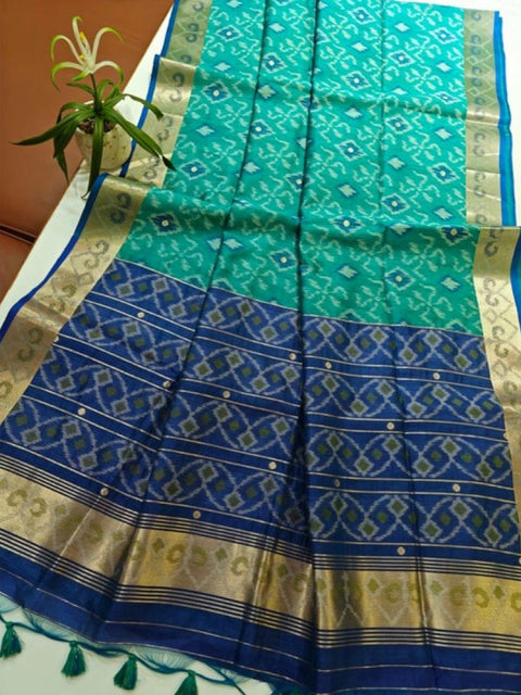 Generic Women's Raw Silk Ikkat Saree With Unstitched Blouse 5.5Mtr (Sky Blue)