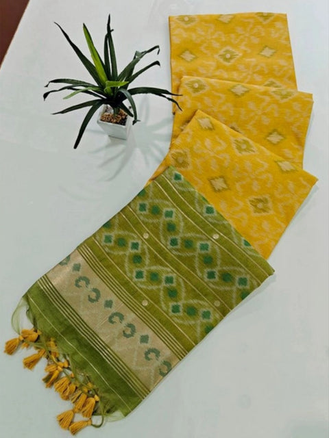 Generic Women's Raw Silk Ikkat Saree With Unstitched Blouse 5.5Mtr (Yellow)