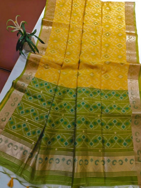 Generic Women's Raw Silk Ikkat Saree With Unstitched Blouse 5.5Mtr (Yellow)